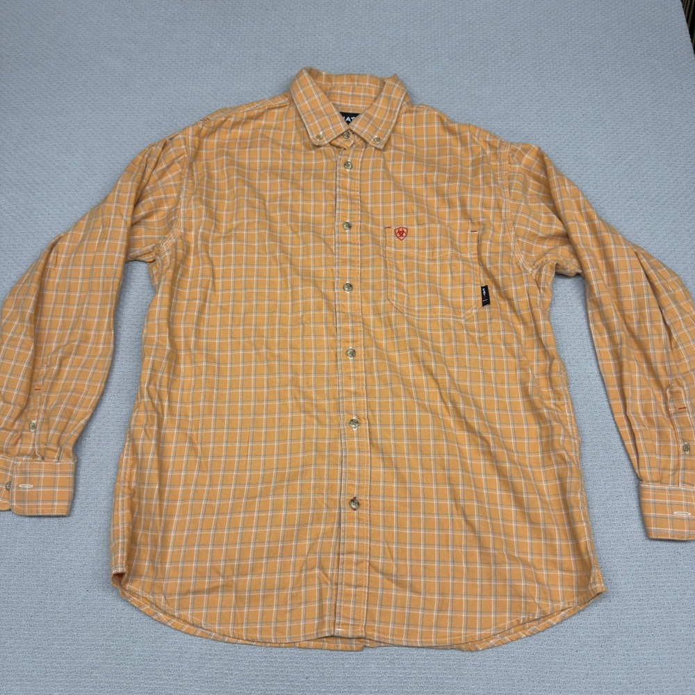 Ariat FR Shirt Mens XL Orange Plaid Flame Resistant Button Down Flannel CAT 2
